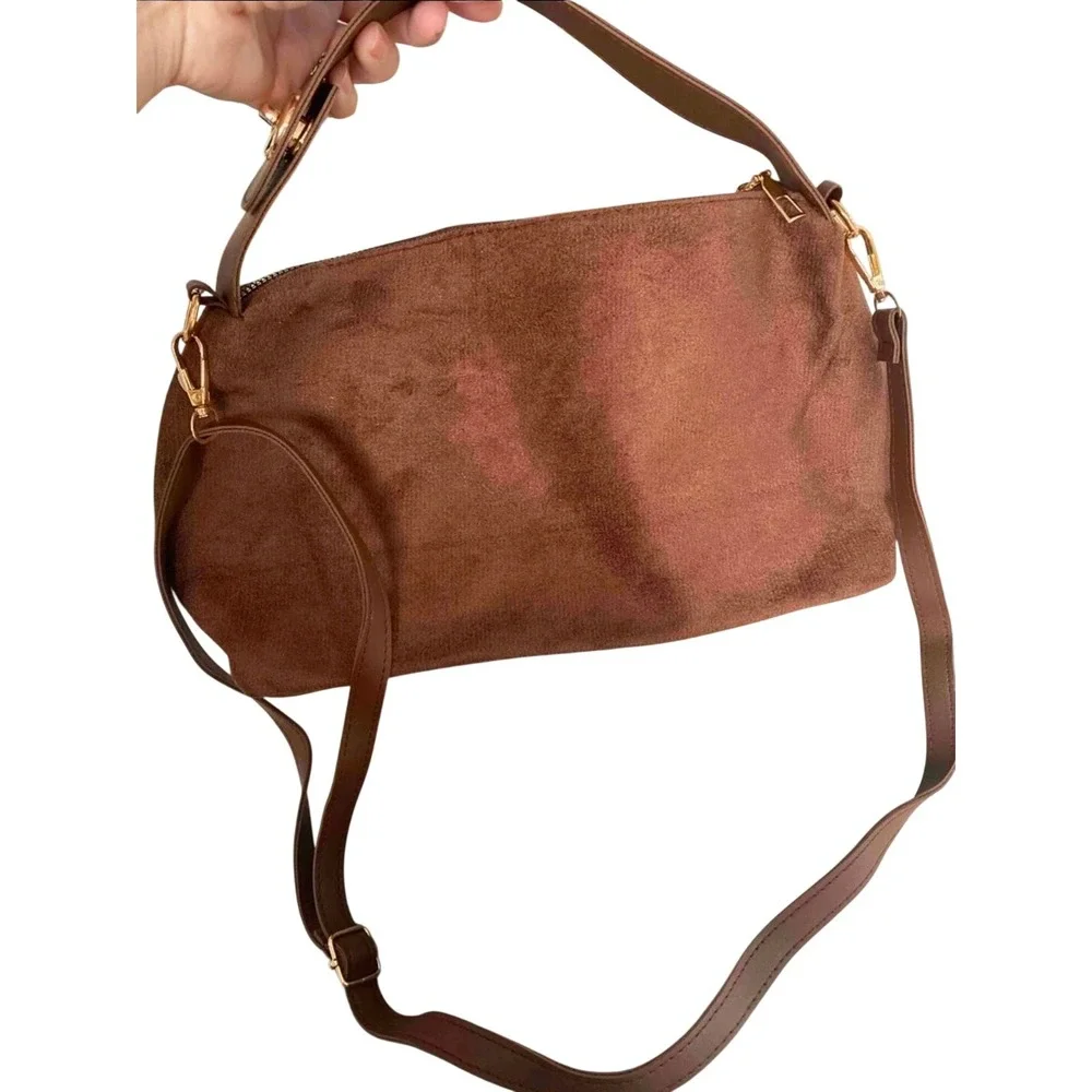 Brown Faux Suede Hobo Crossbody Bag Gold Hardware Slouchy Shoulder Handbag‎
